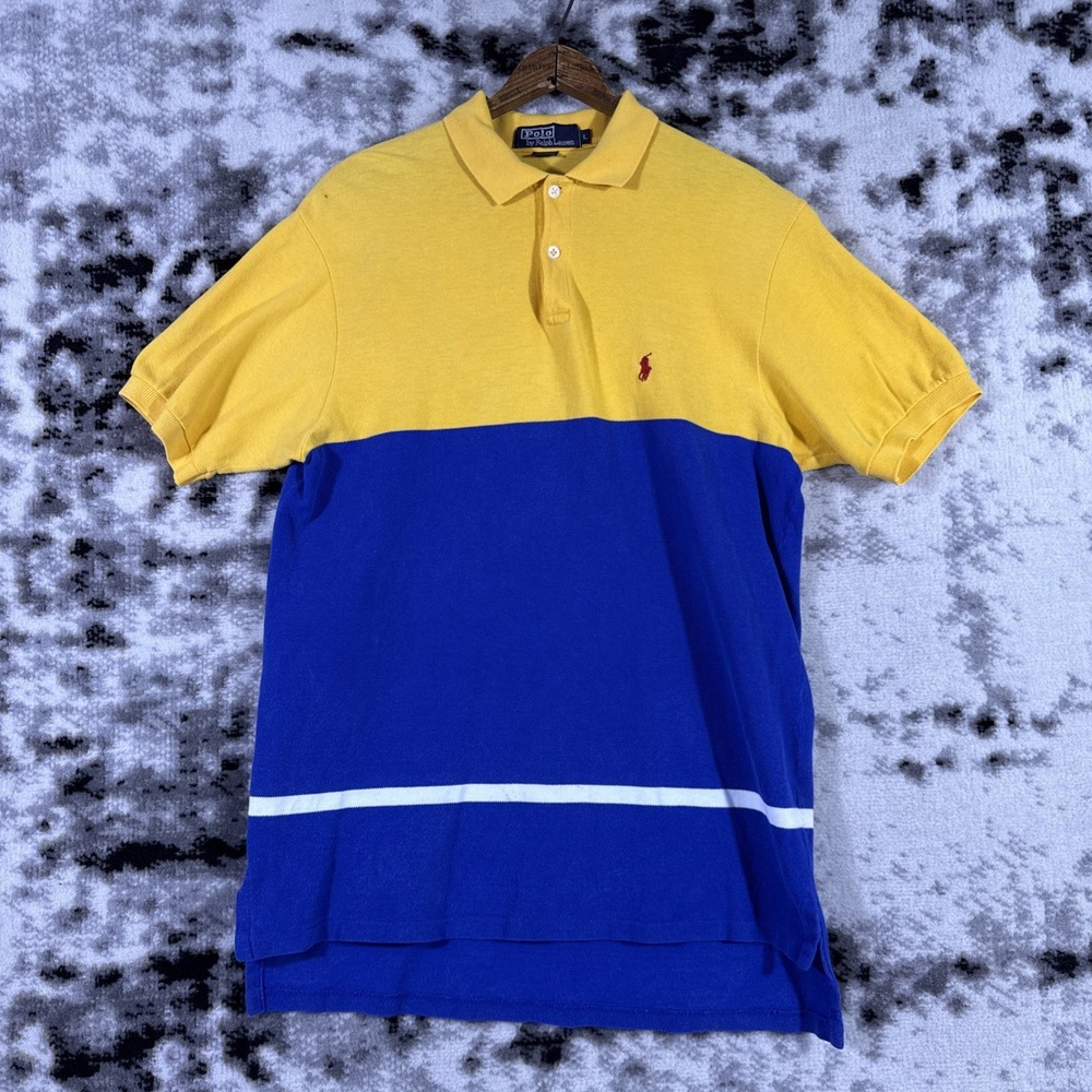 Polo Ralph Lauren Shirt Mens Large Made In USA Yellow Blue Colorblock Preppy Y2k
